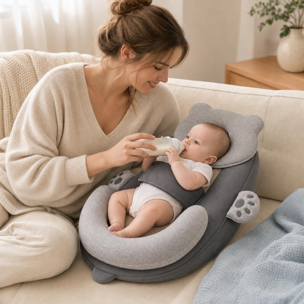 Mamá dando el biberón a su bebé tumbado en la almohada Grivena Osito gris