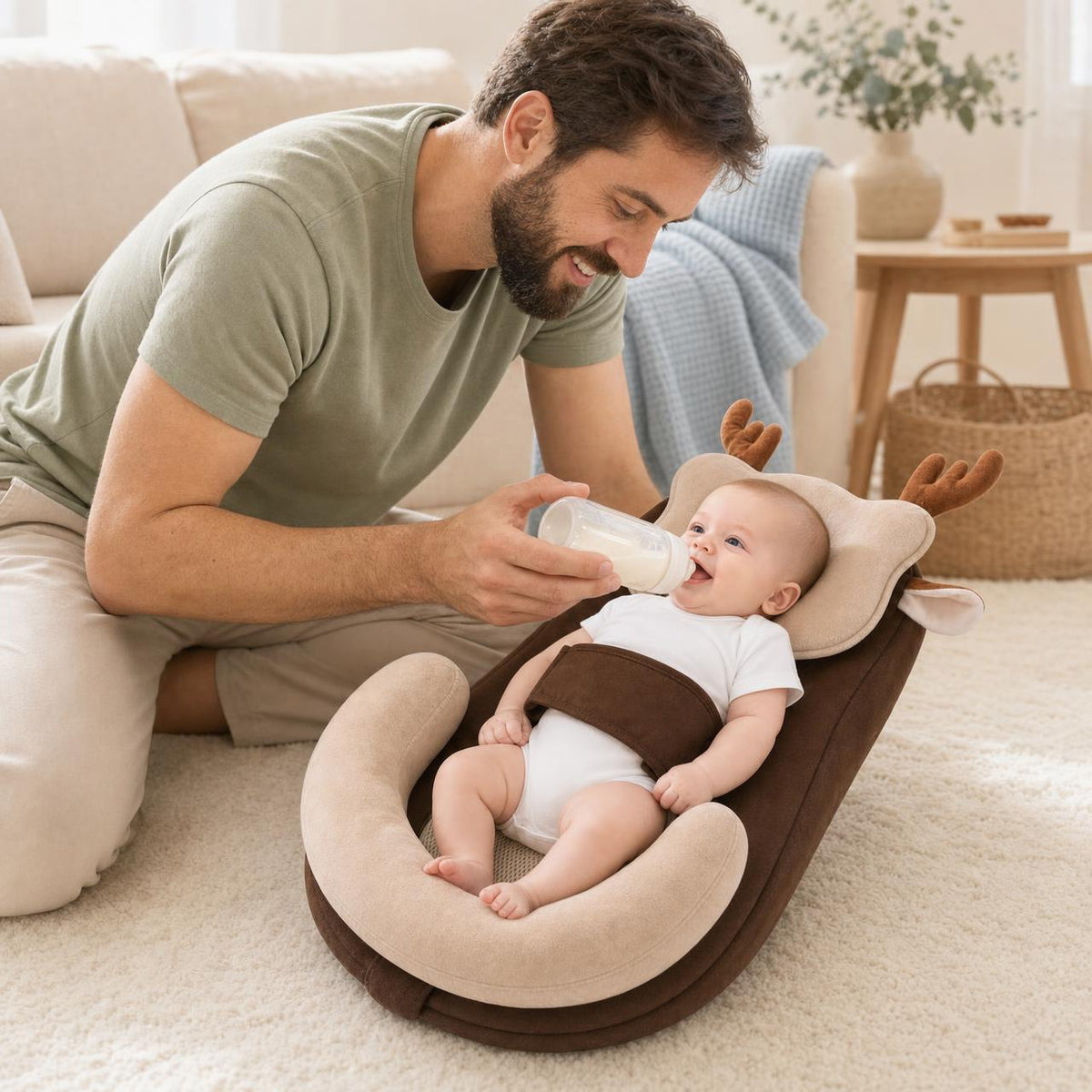 Papá dando el biberón a su bebé en la almohada Grivena Ciervito marrón