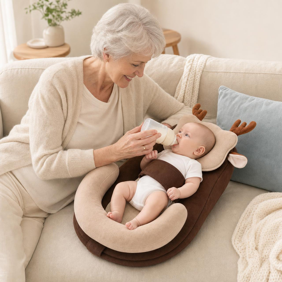 Abuela dando el biberón a su nieto en la almohada Grivena Ciervito marrón