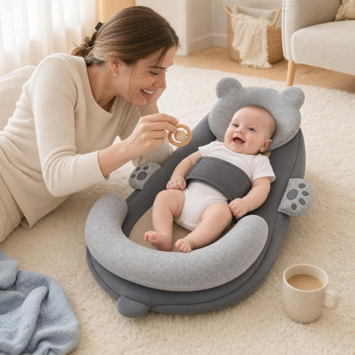 Bebé riendo y jugando en la almohada Grivena con su mamá al lado