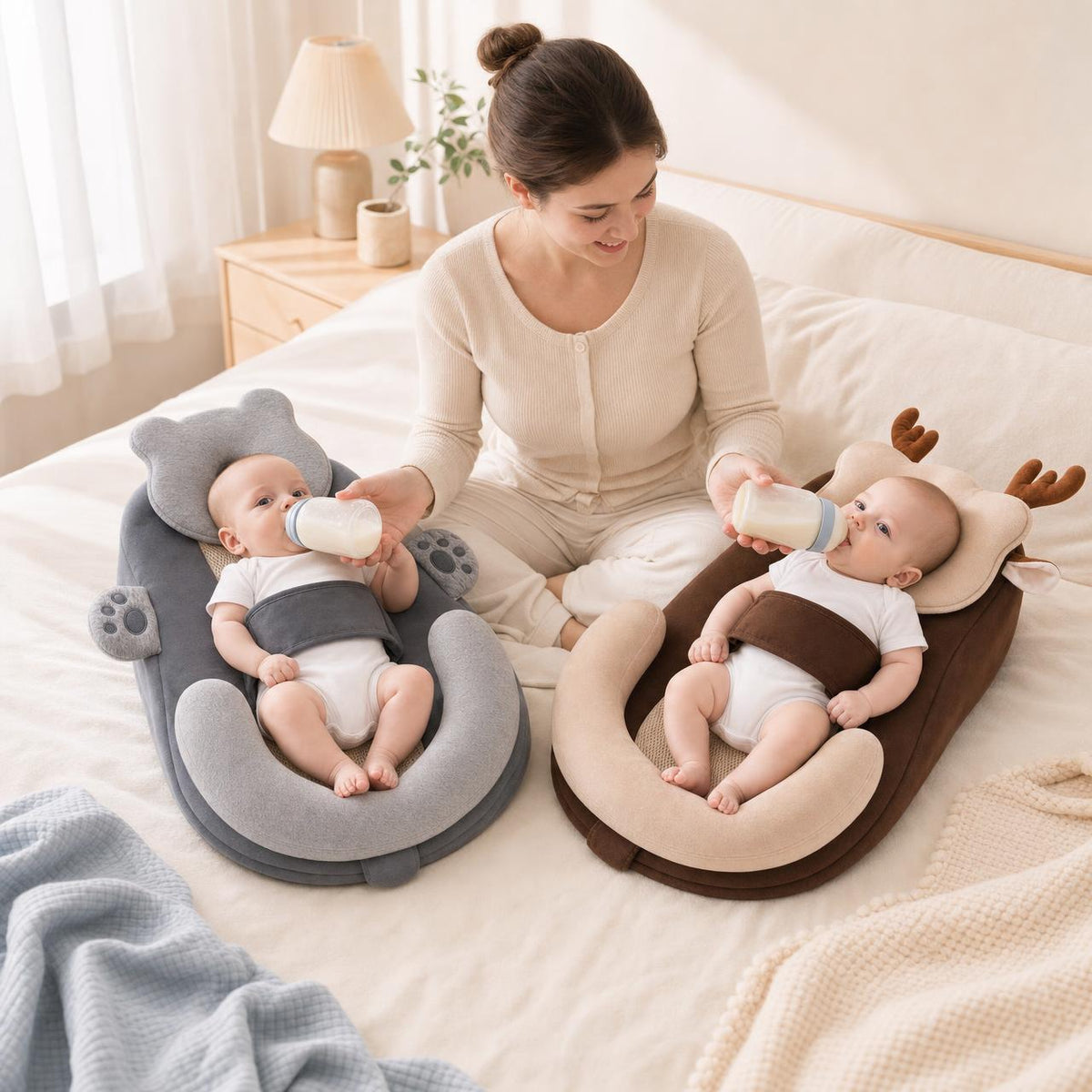 Mamá dando el biberón a gemelos, cada uno en su almohada Grivena