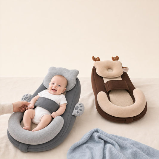 Bebé feliz en la almohada Grivena Osito gris junto al modelo Ciervito marrón