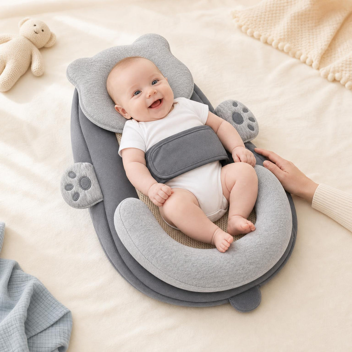 Bebé sonriente en la almohada Grivena con un adulto al lado