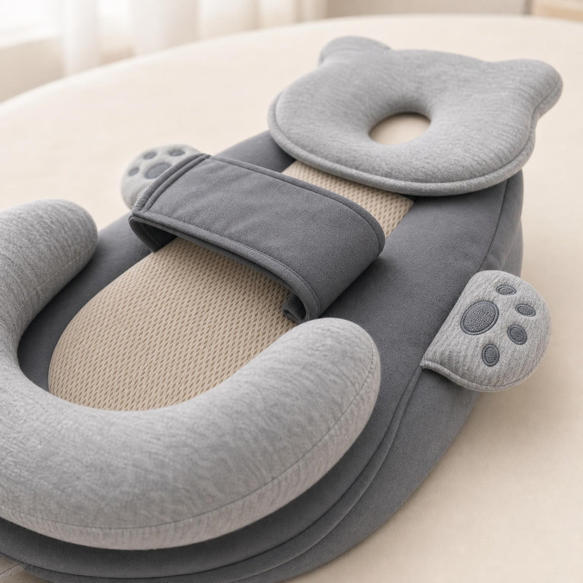 Detalle de la patita de osito y el tejido de la almohada Grivena