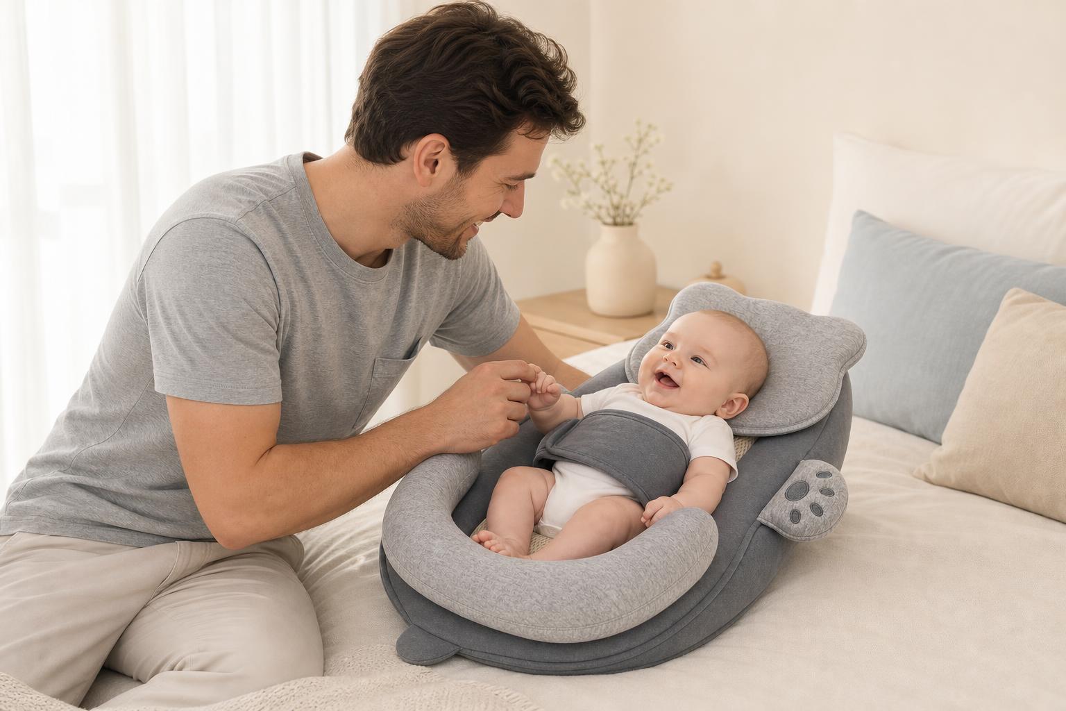 Madre dando el biberón a su bebé con la almohada Grivena